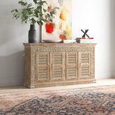 Indian Handmade Solid Wood 4 Door Carved Sideboard